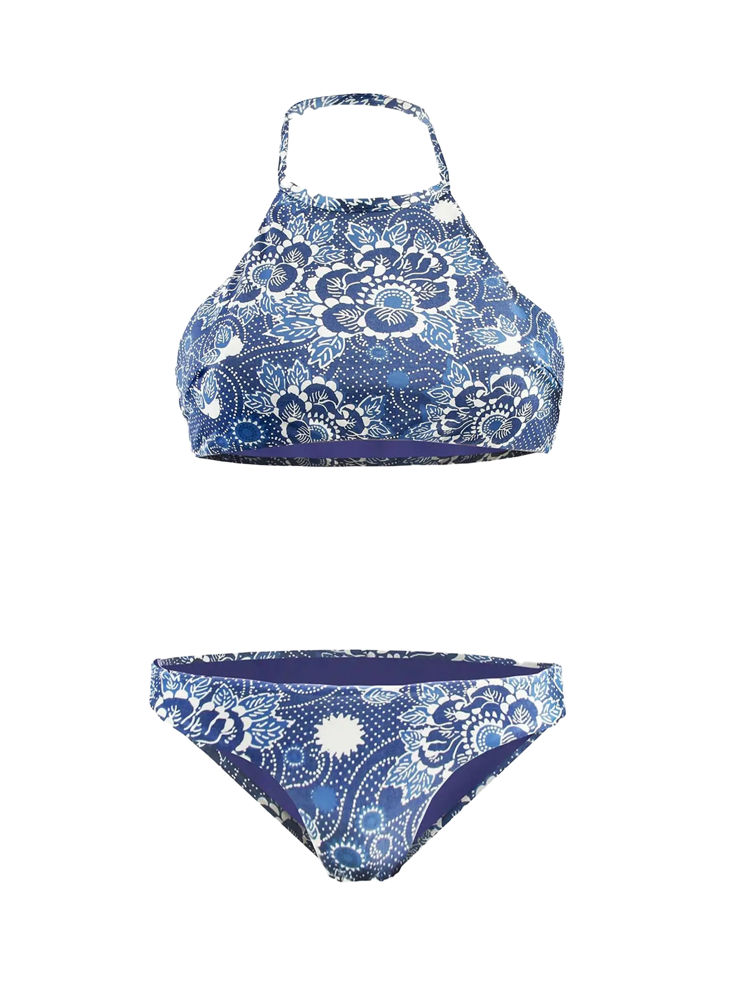 Hochgeschlossener Bikini mit Denim-Blättern