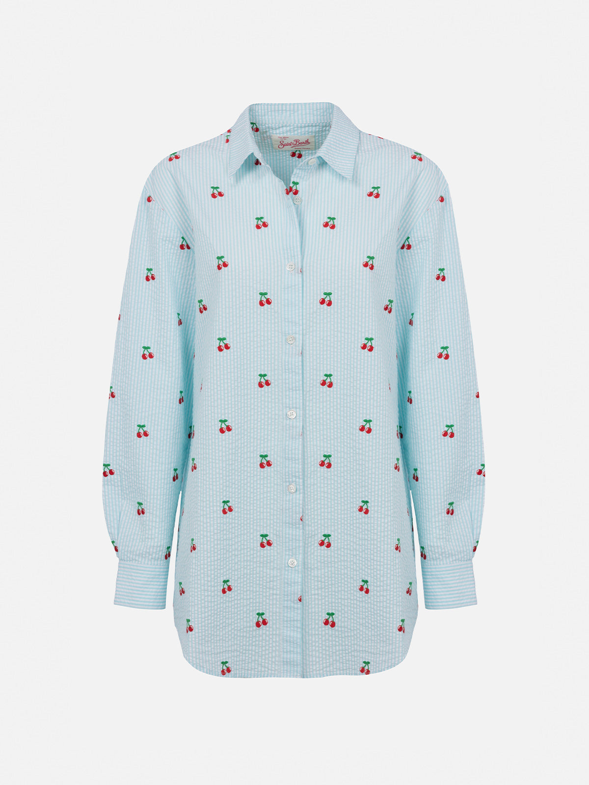 Woman seersucker cotton shirt Brigitte with cherry patches