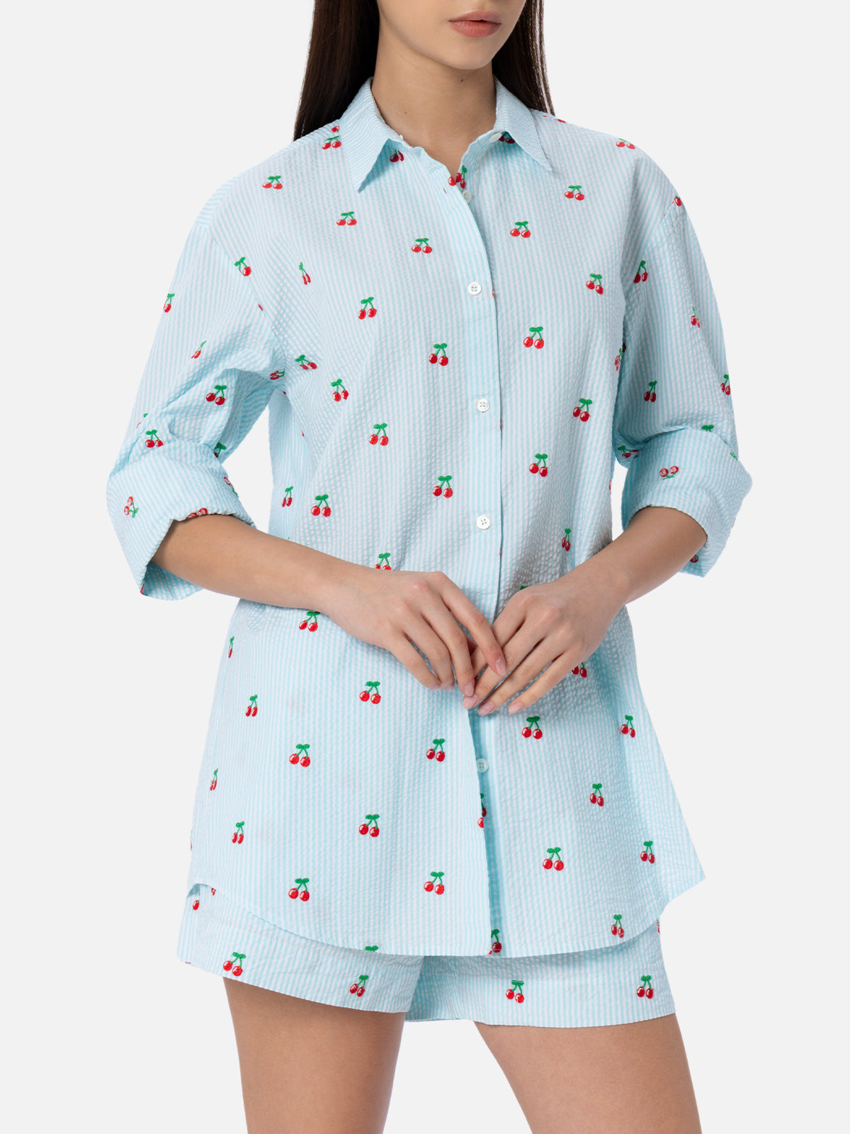 Woman seersucker cotton shirt Brigitte with cherry patches