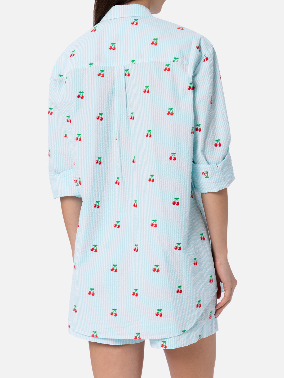 Woman seersucker cotton shirt Brigitte with cherry patches