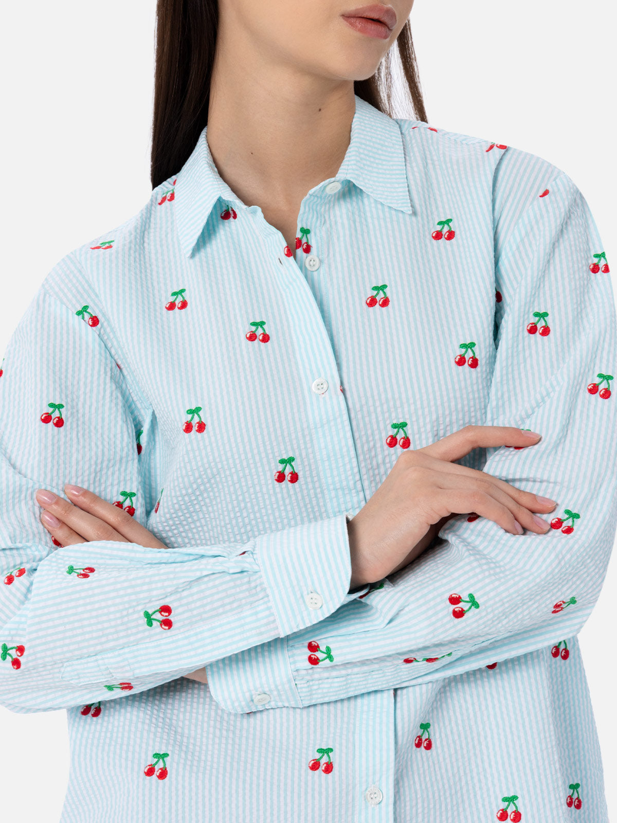 Woman seersucker cotton shirt Brigitte with cherry patches