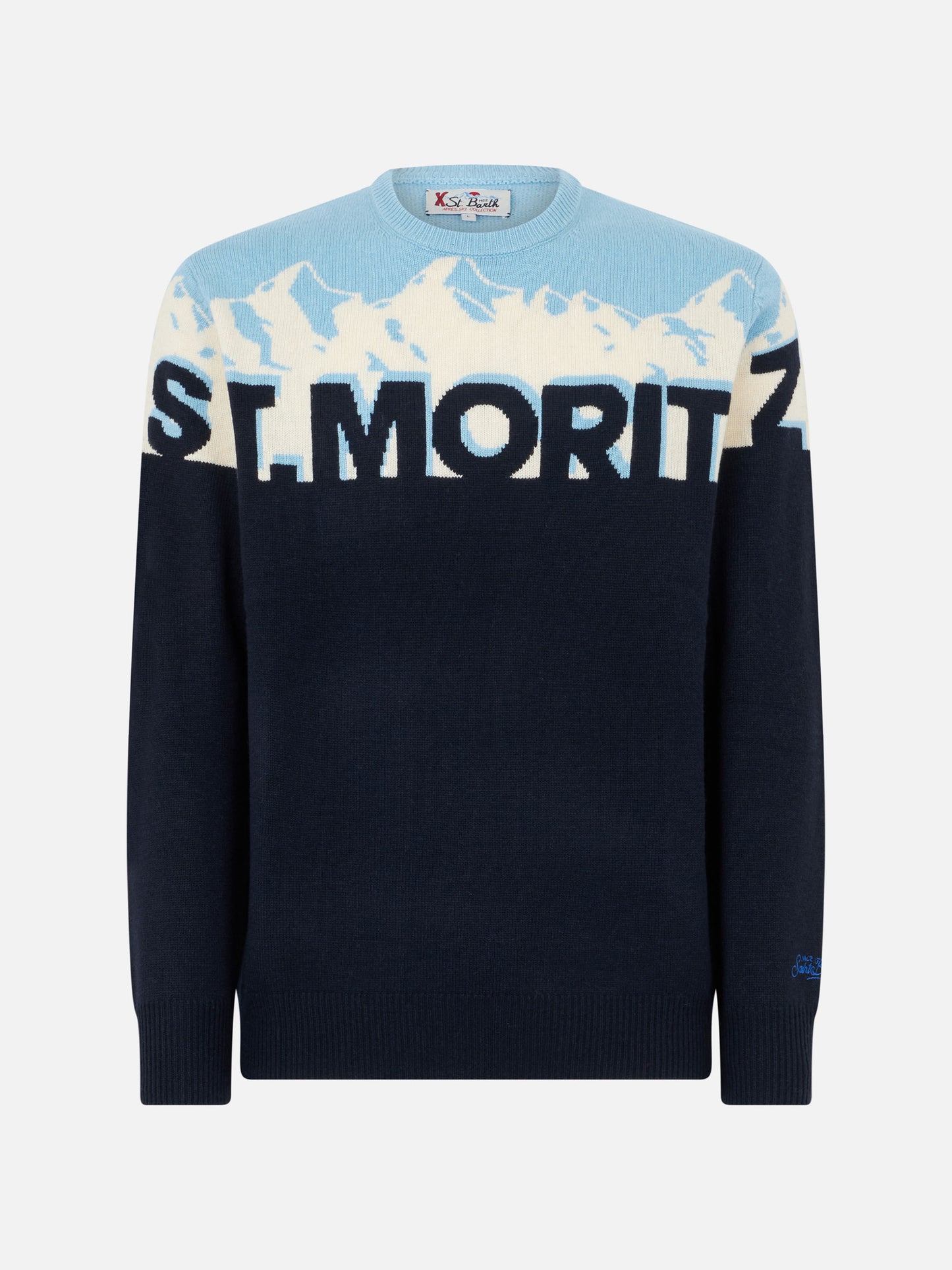 Herren-Rundhalspullover mit St. Moritz-Postkarten-Jacquard
