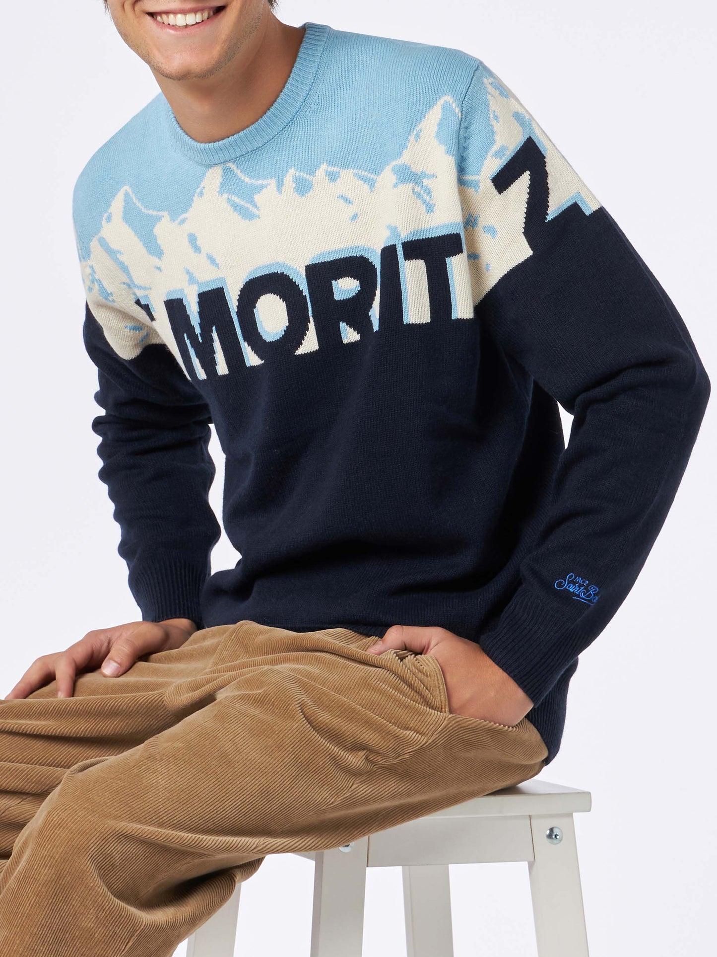 Herren-Rundhalspullover mit St. Moritz-Postkarten-Jacquard