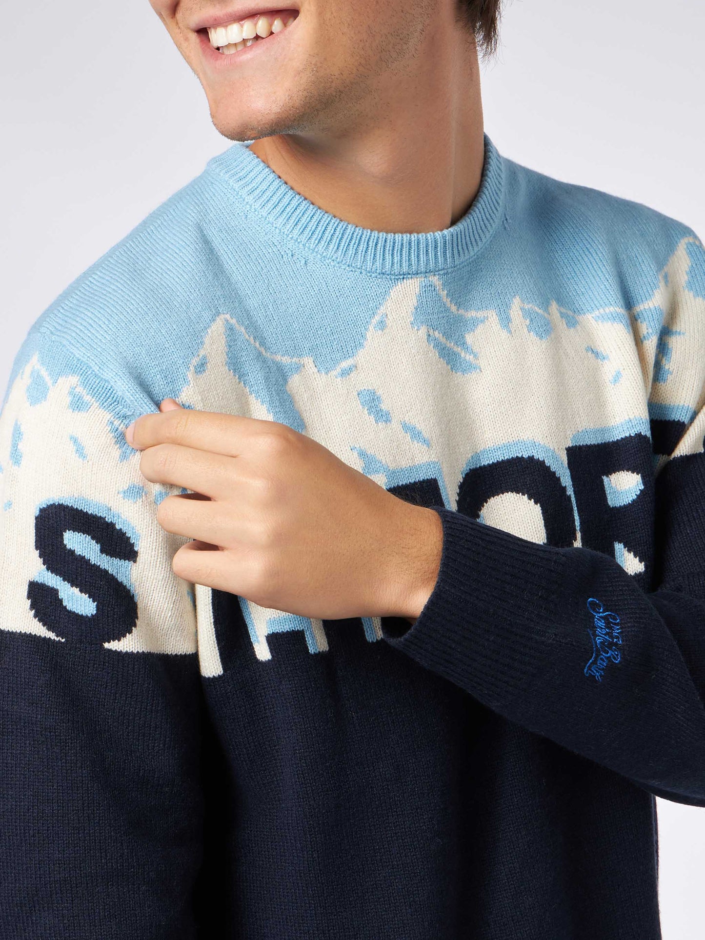 Herren-Rundhalspullover mit St. Moritz-Postkarten-Jacquard