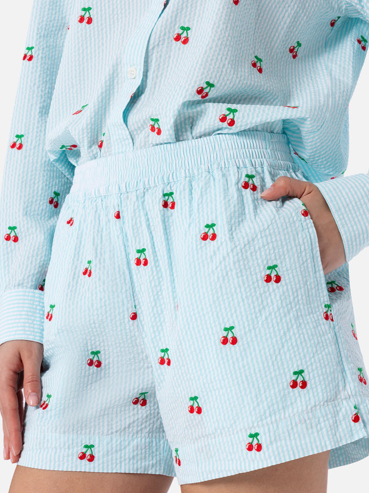 Woman seersucker striped pull up shorts Meave with cherry patches - MC2 Saint Barth