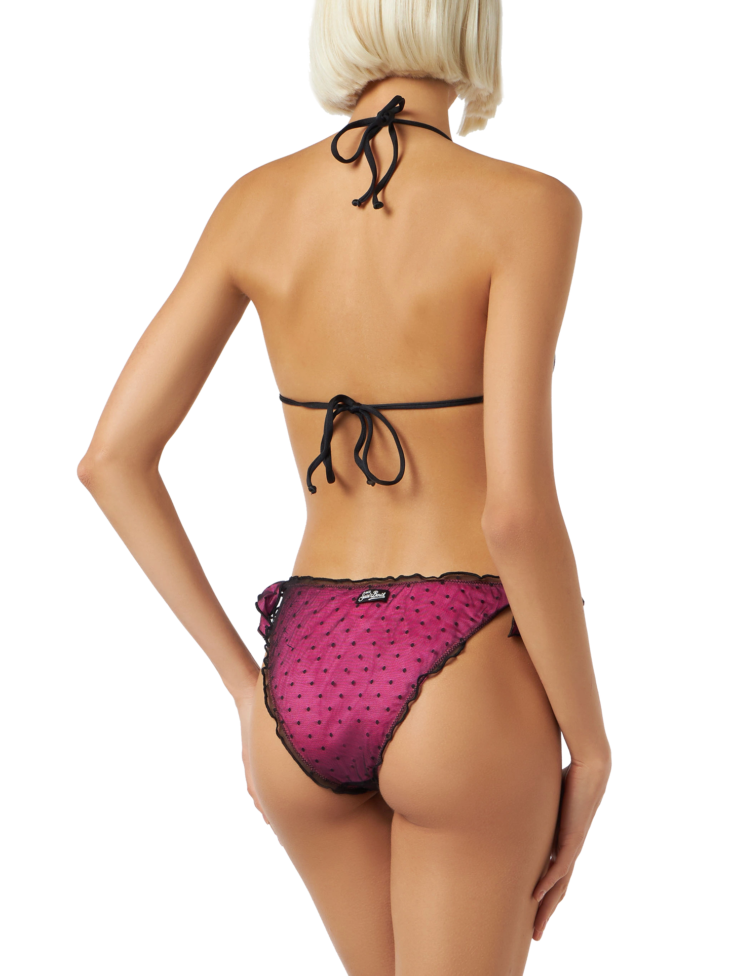 Shiny fucsia bikini with black polka dot tulle