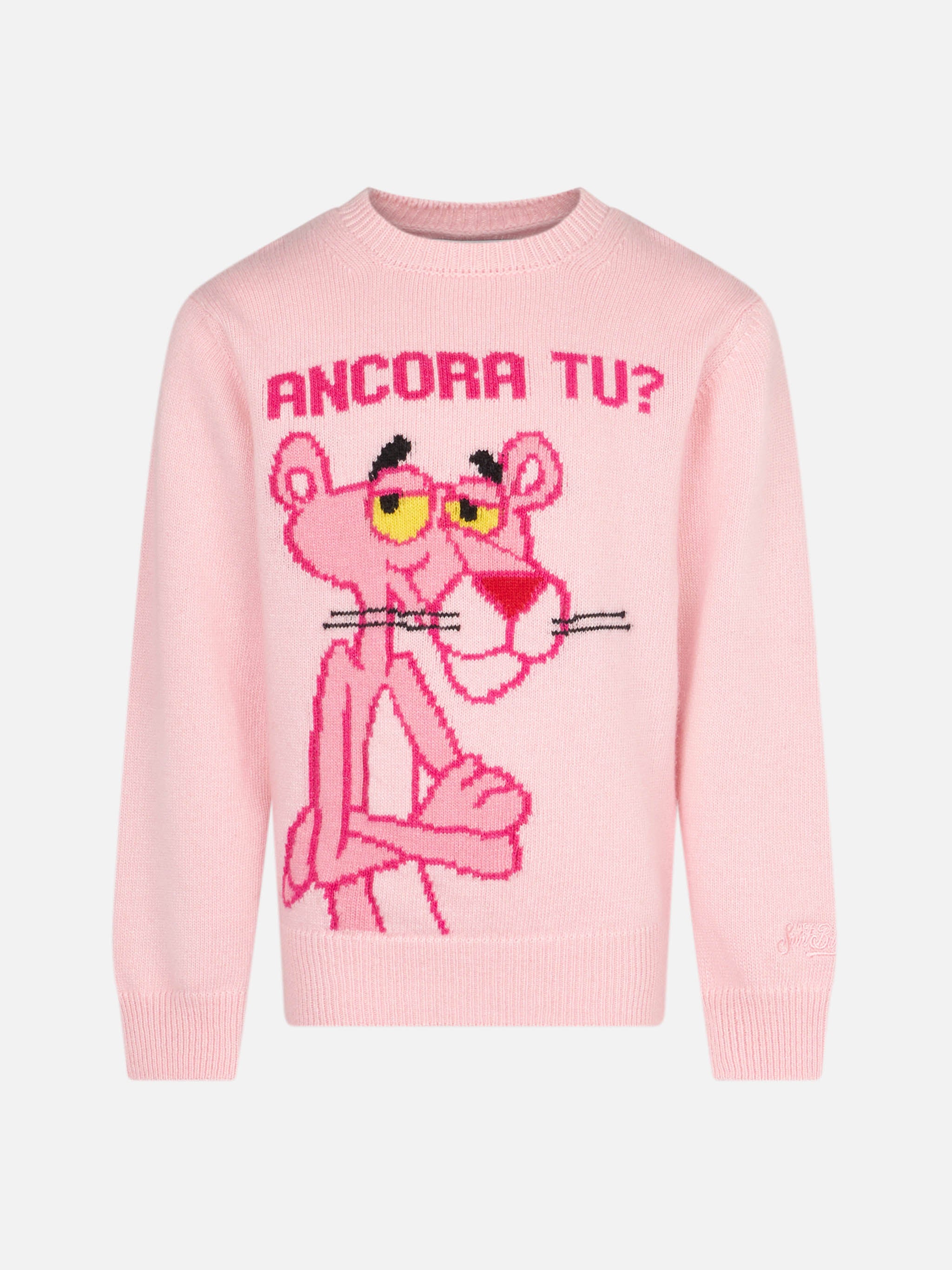 Girl crewneck pink sweater with Pink Panther Ancora Tu Print THE PINK PANTHER SPECIAL EDITION