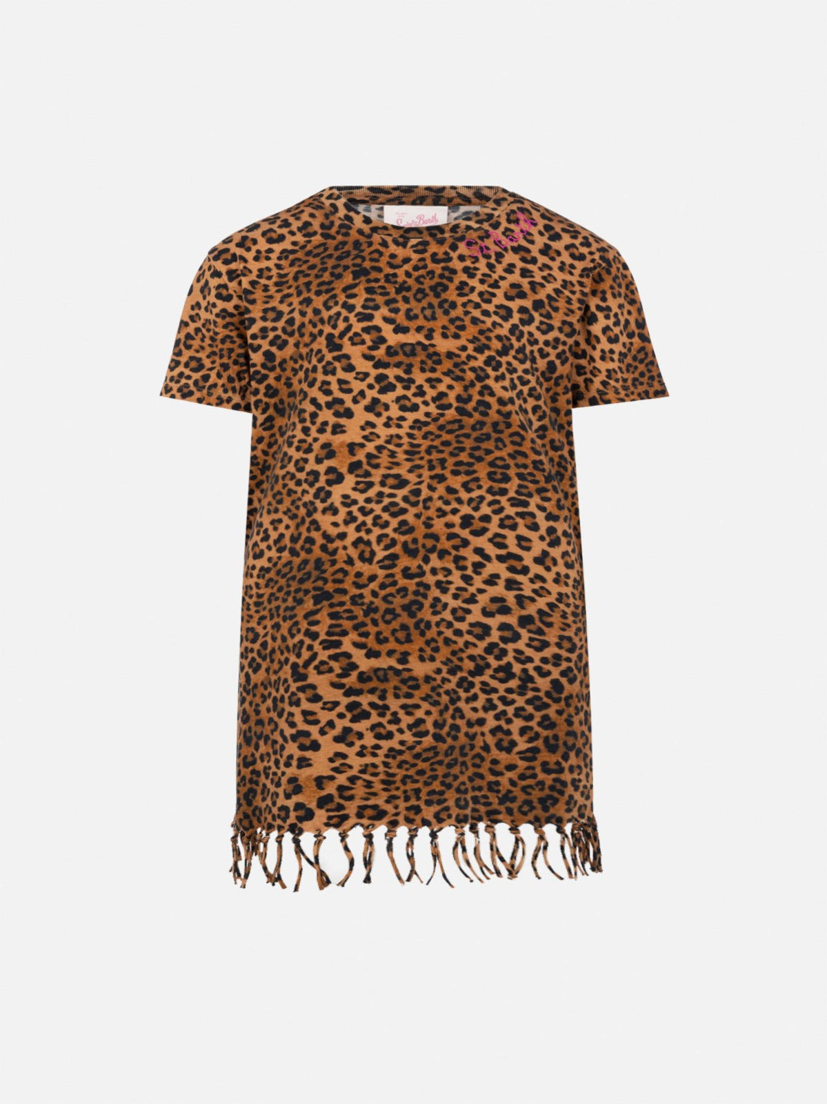 Abito Abbey in cotone con frange e stampa animalier