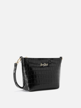 Aline Shoulder Bag in crocodile-print black leather