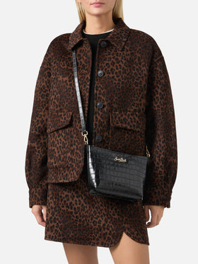 Aline Shoulder Bag in crocodile-print black leather