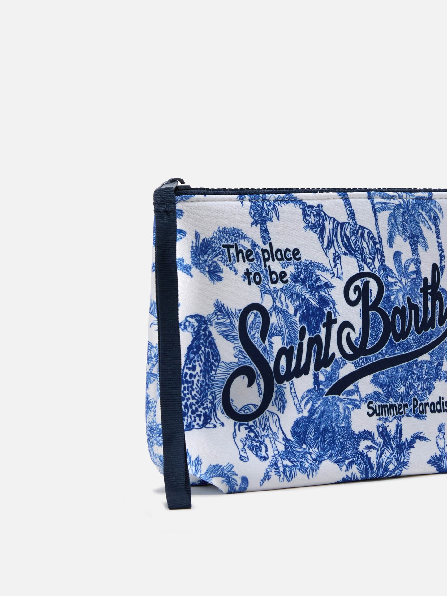 Pochette Aline in scuba bianca con stampa toile de jouy Jungle Oceania