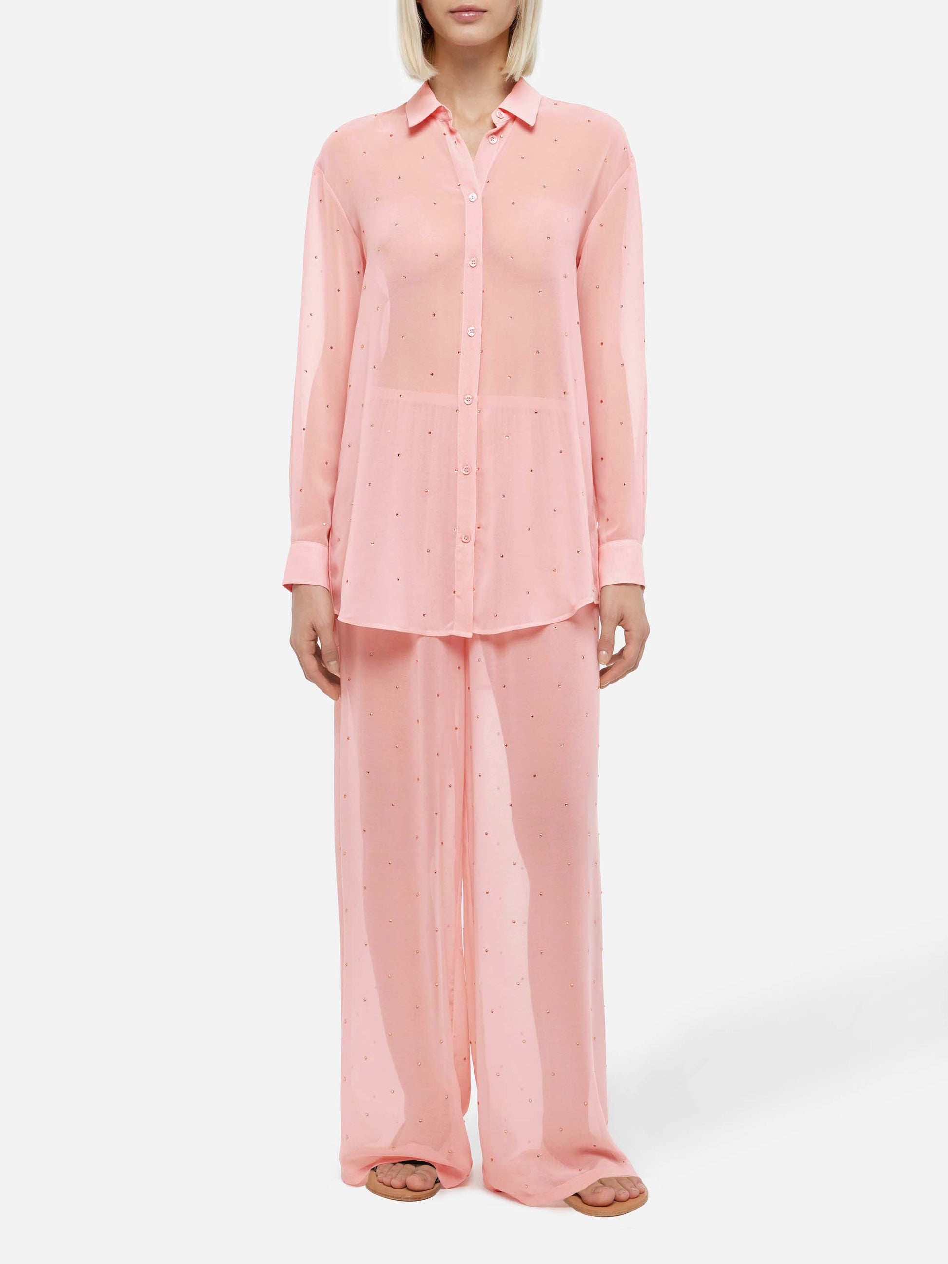 Amalia pink wide-leg georgette trousers with rhinestone embellishment - MC2 Saint Barth