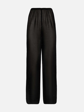 Amalia black wide-leg georgette trousers with rhinestone embellishment - MC2 Saint Barth