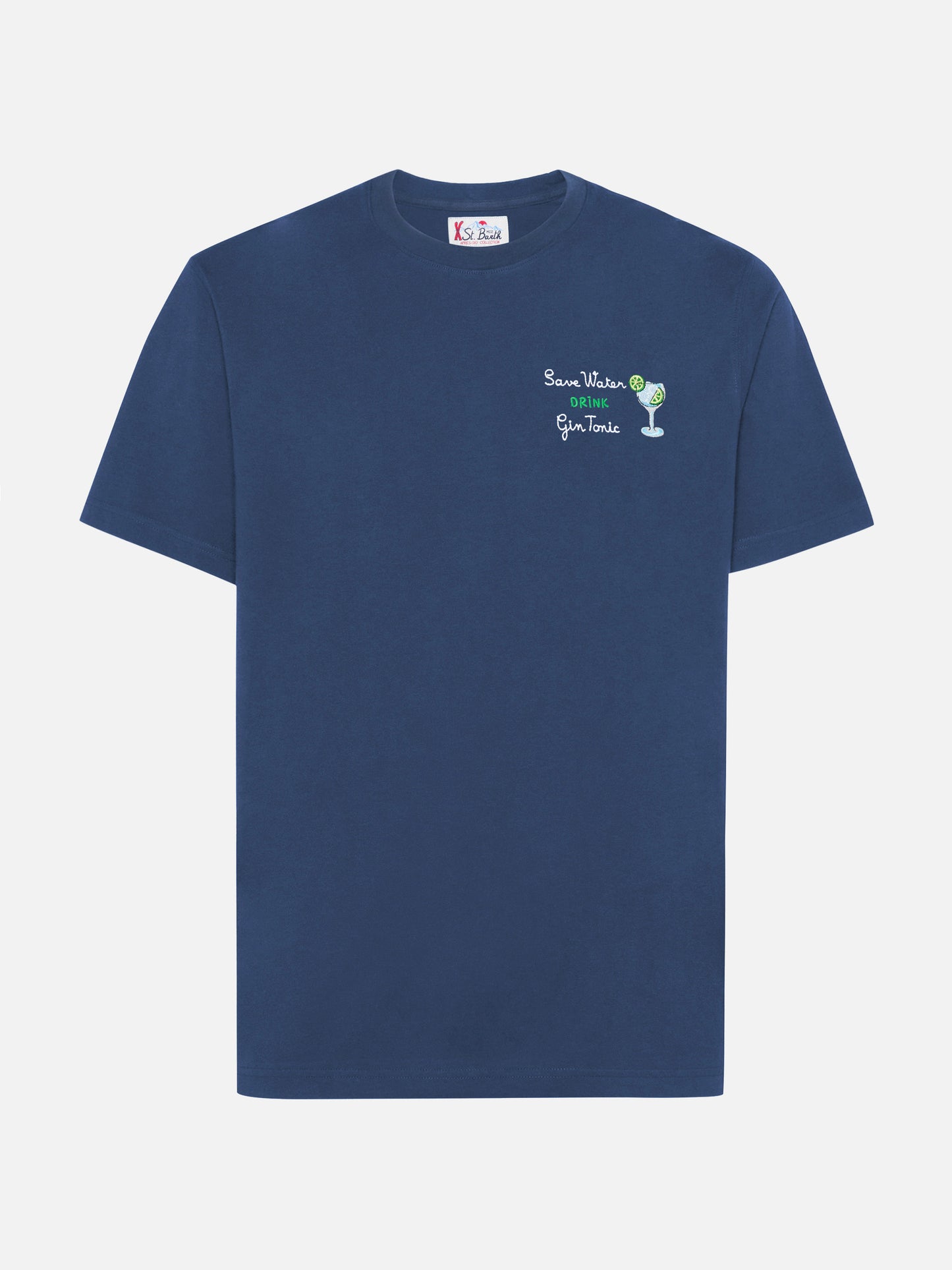 T-shirt Arnott in cotone blu con ricamo Save water drink Gin Tonic