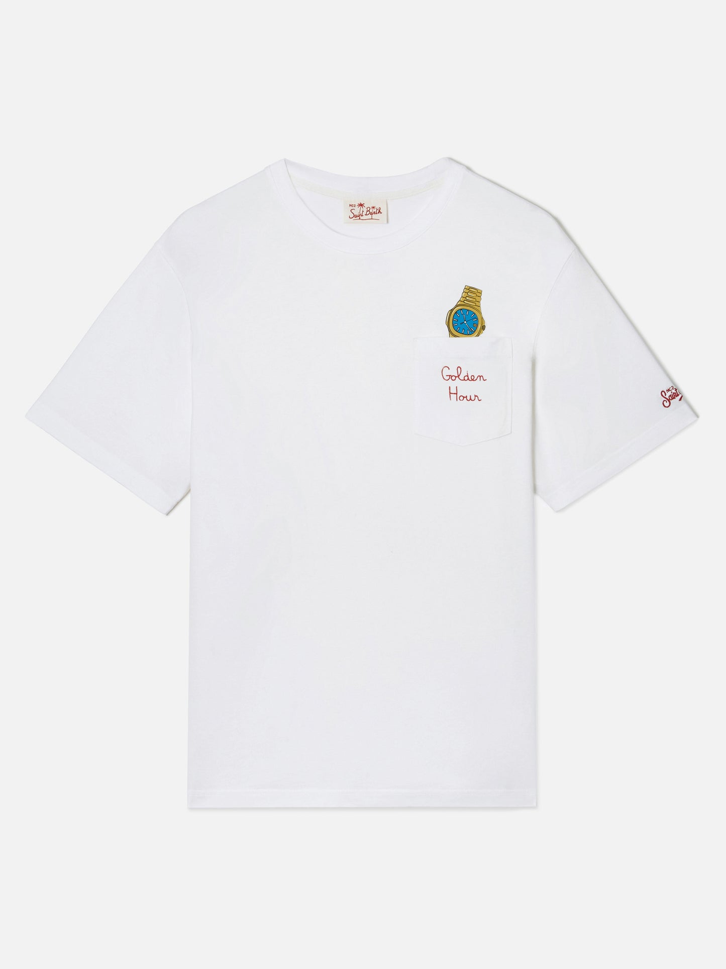 T-shirt Austin bianca con orologio e ricamo Golden Hour