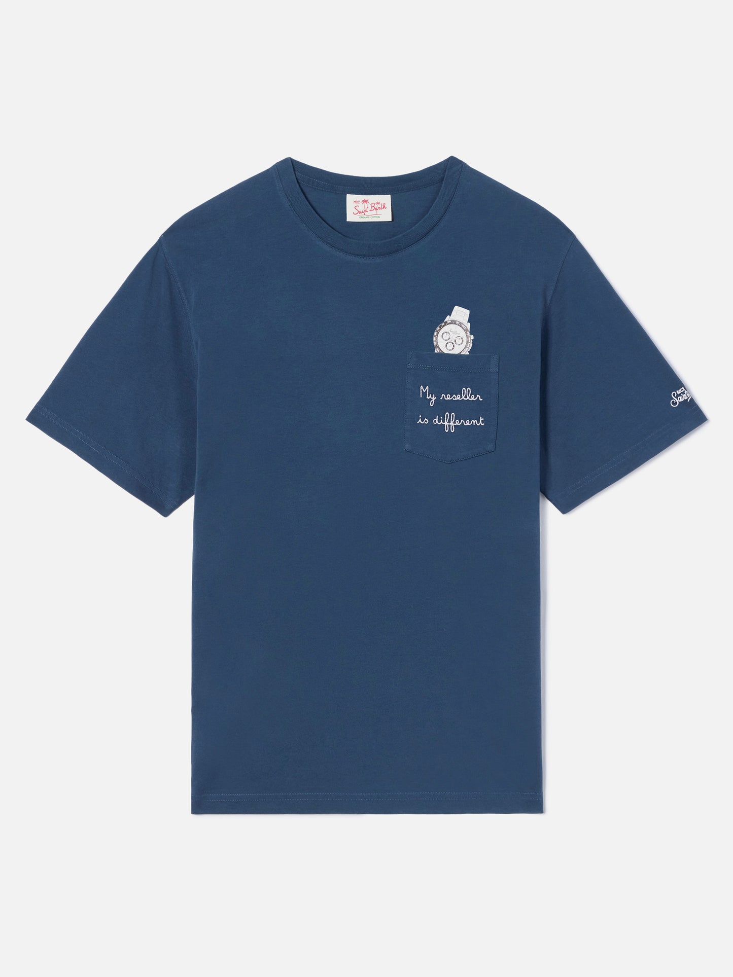 Blaues Austin T-Shirt mit Uhr und „My Reseller Is Different“-Stickerei