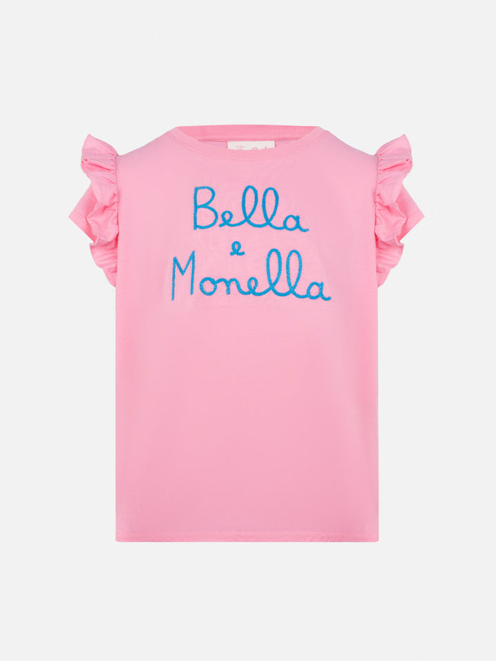 Baumwoll-T-Shirt Baby mit Volant und Bella e Monella-Stickerei