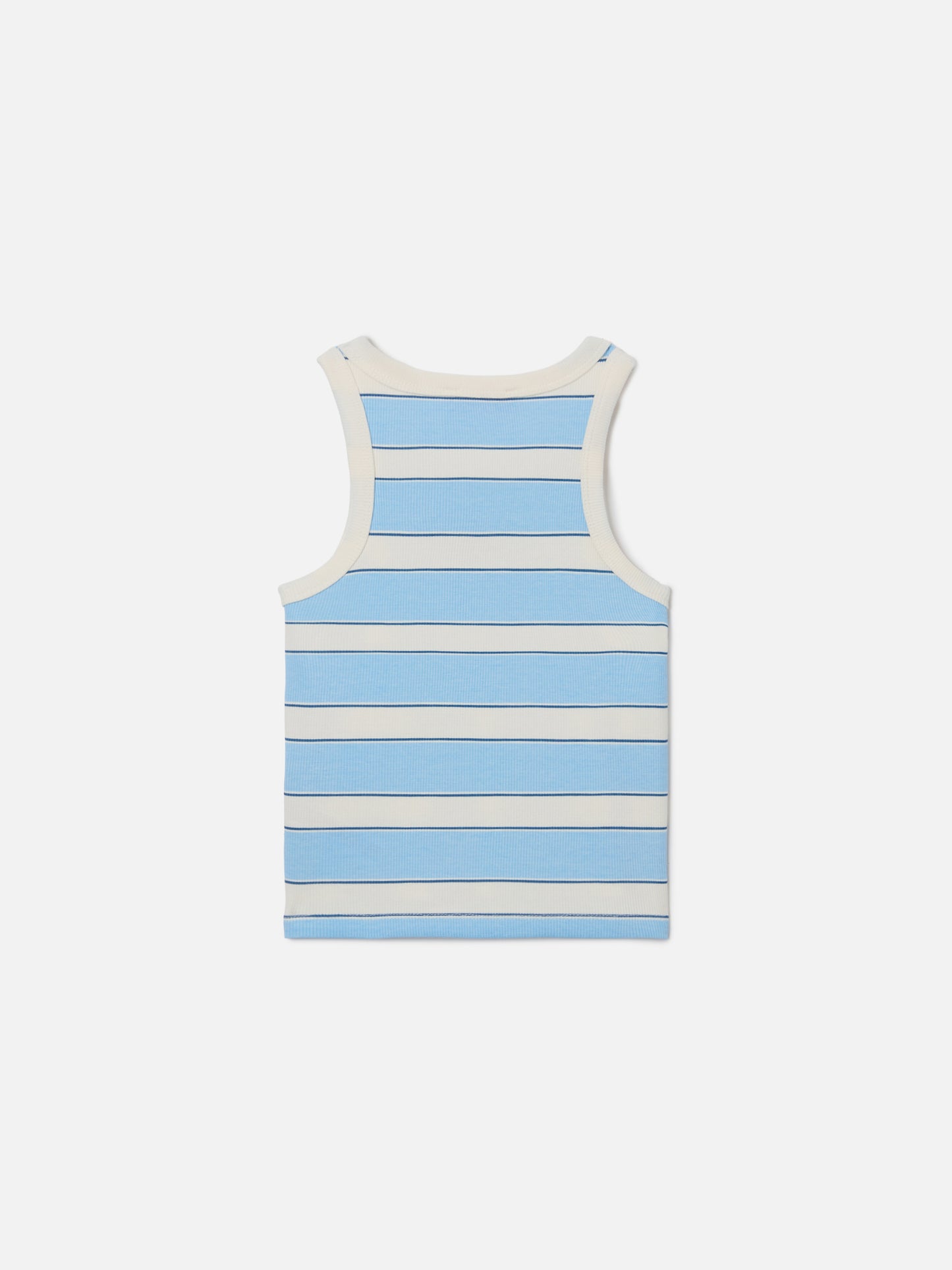 Blue Jr Tank-Top with light blue and cream stripes and embroidered logo