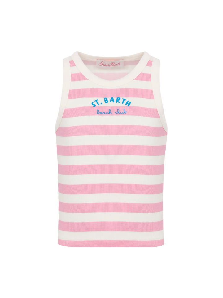 Blue Jr pink striped rib-knit cotton crop tank with embroidery - MC2 Saint Barth