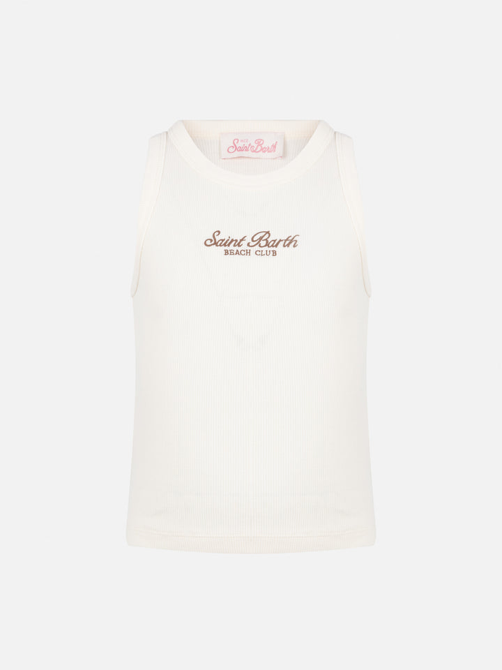 Top corto Blue Jr in maglia a coste bianco panna con ricamo