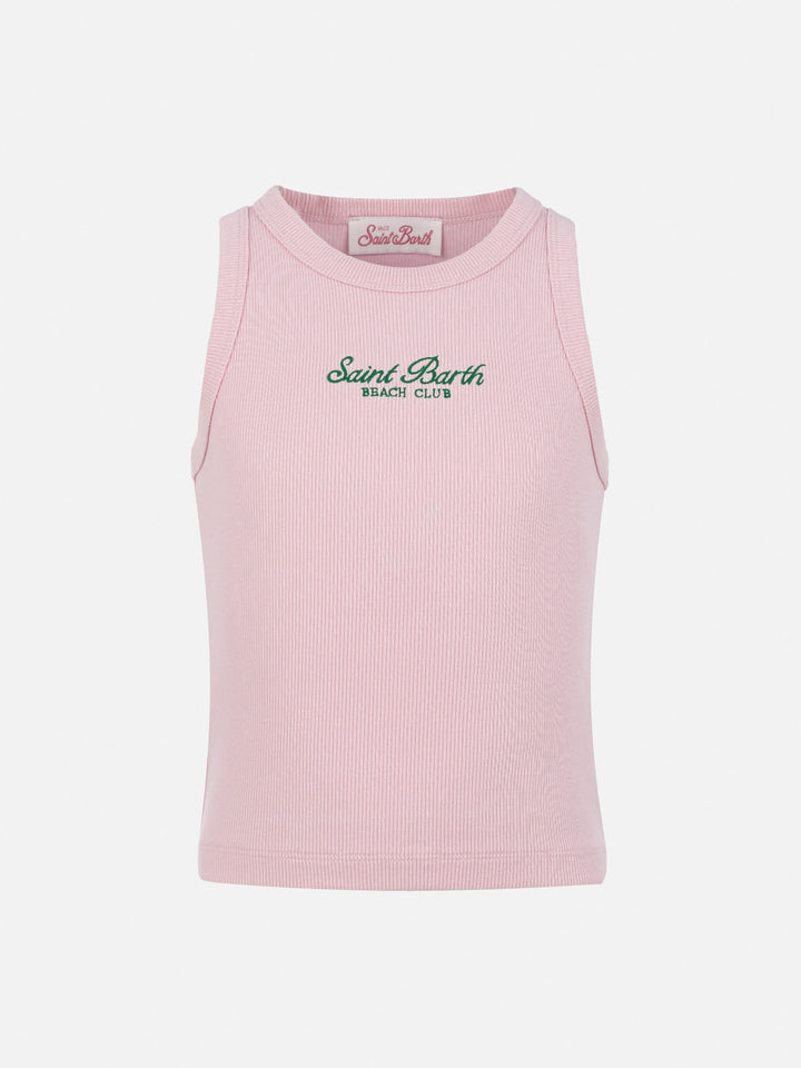 Blue Jr pink rib-knit cotton crop tank with embroidery - MC2 Saint Barth