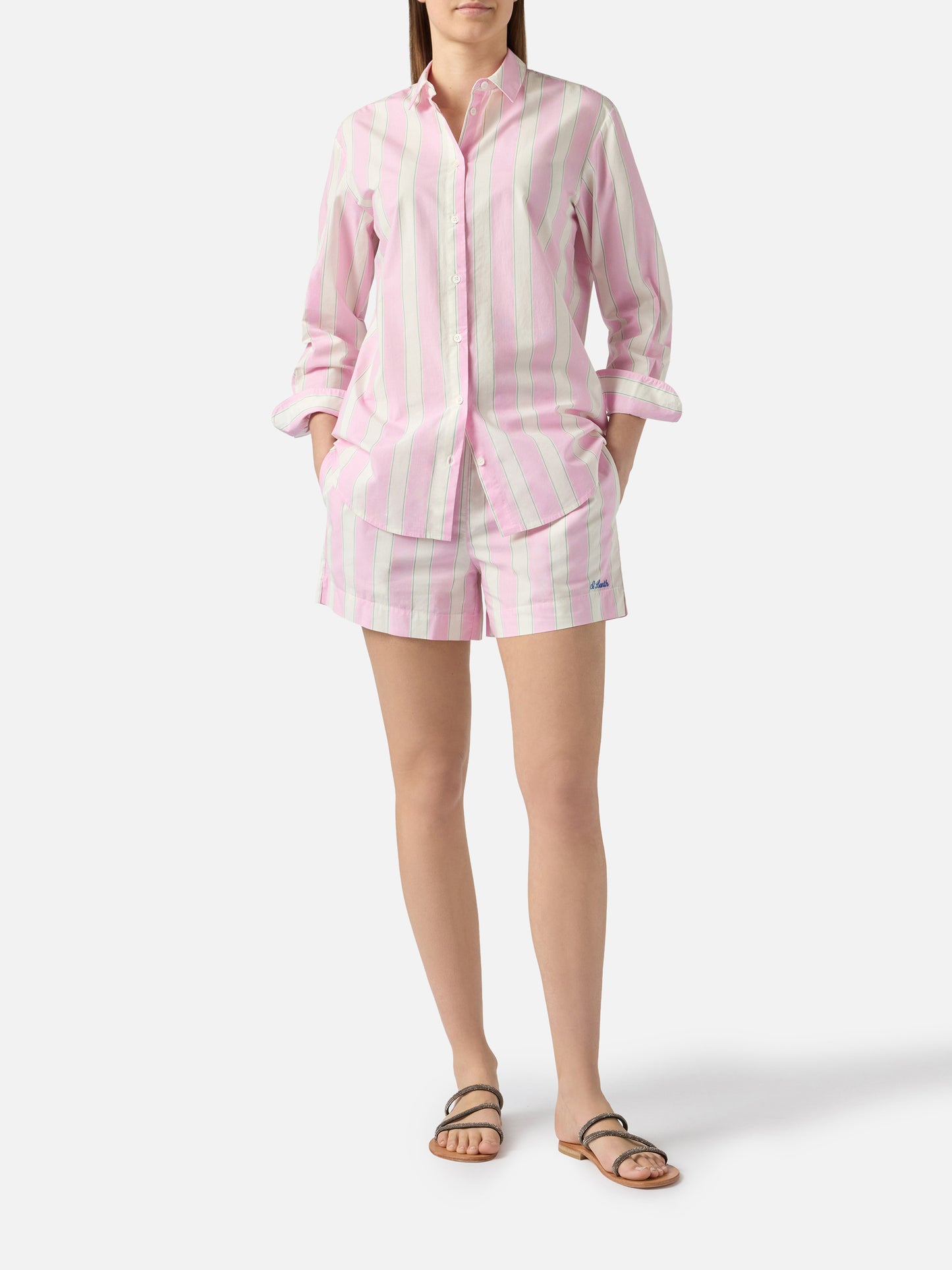 Camicia Brigitte in cotone a righe rosa con ricamo Sport Club