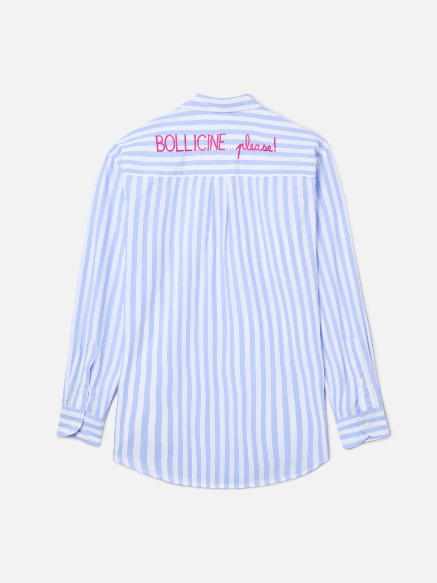 Brigitte cotton shirt with light blue stripes and Bollicine Please! Embroidery