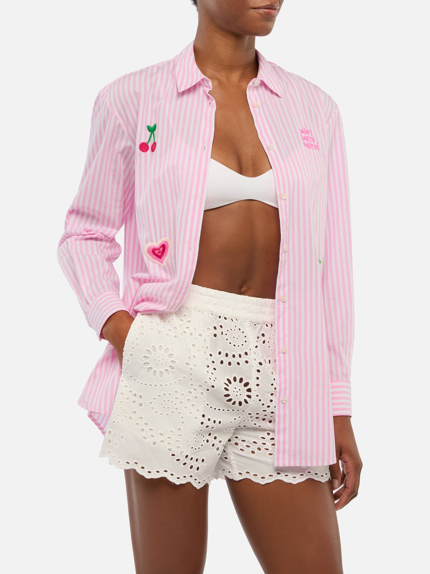 Brigitte striped-print cotton shirt with Saint Barth habituè embroidery