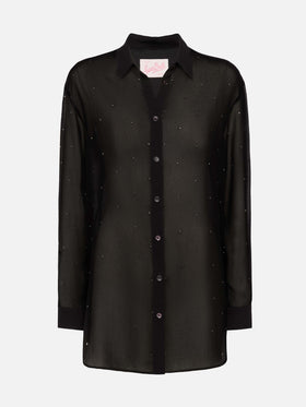 Brigitte black georgette shirt with rhinestone embellishments - MC2 Saint Barth