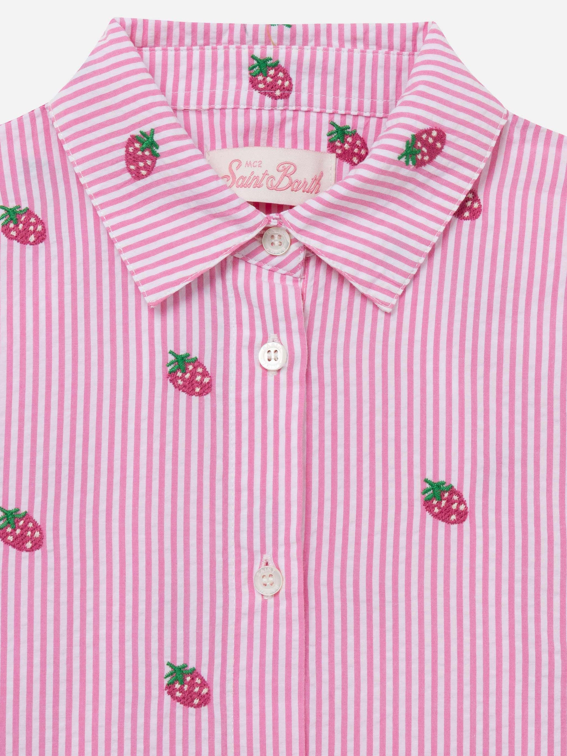 Mini Brigitte pink striped seersucker shirt with strawberry embroidery - MC2 Saint Barth