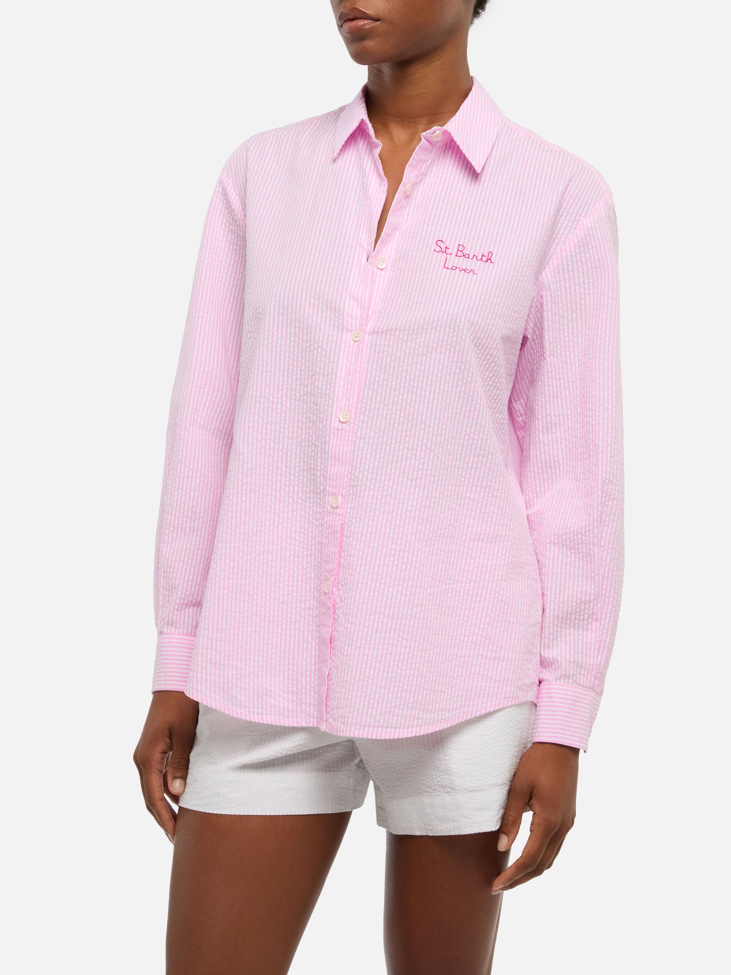 Brigitte camicia in seersucker a righe con stampa Snoopy