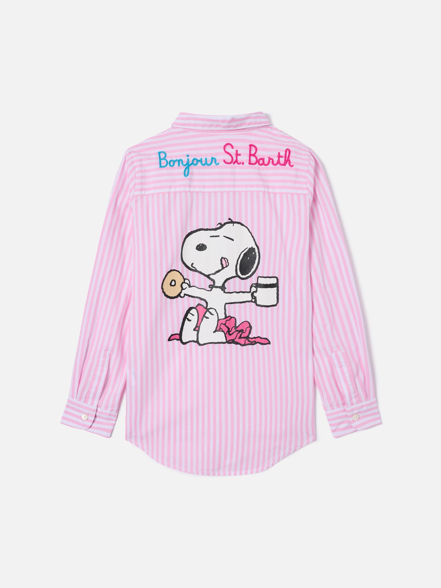 Mini Brigitte Hemd mit rosa Streifen und Bonjour-Stickerei | Special Edition