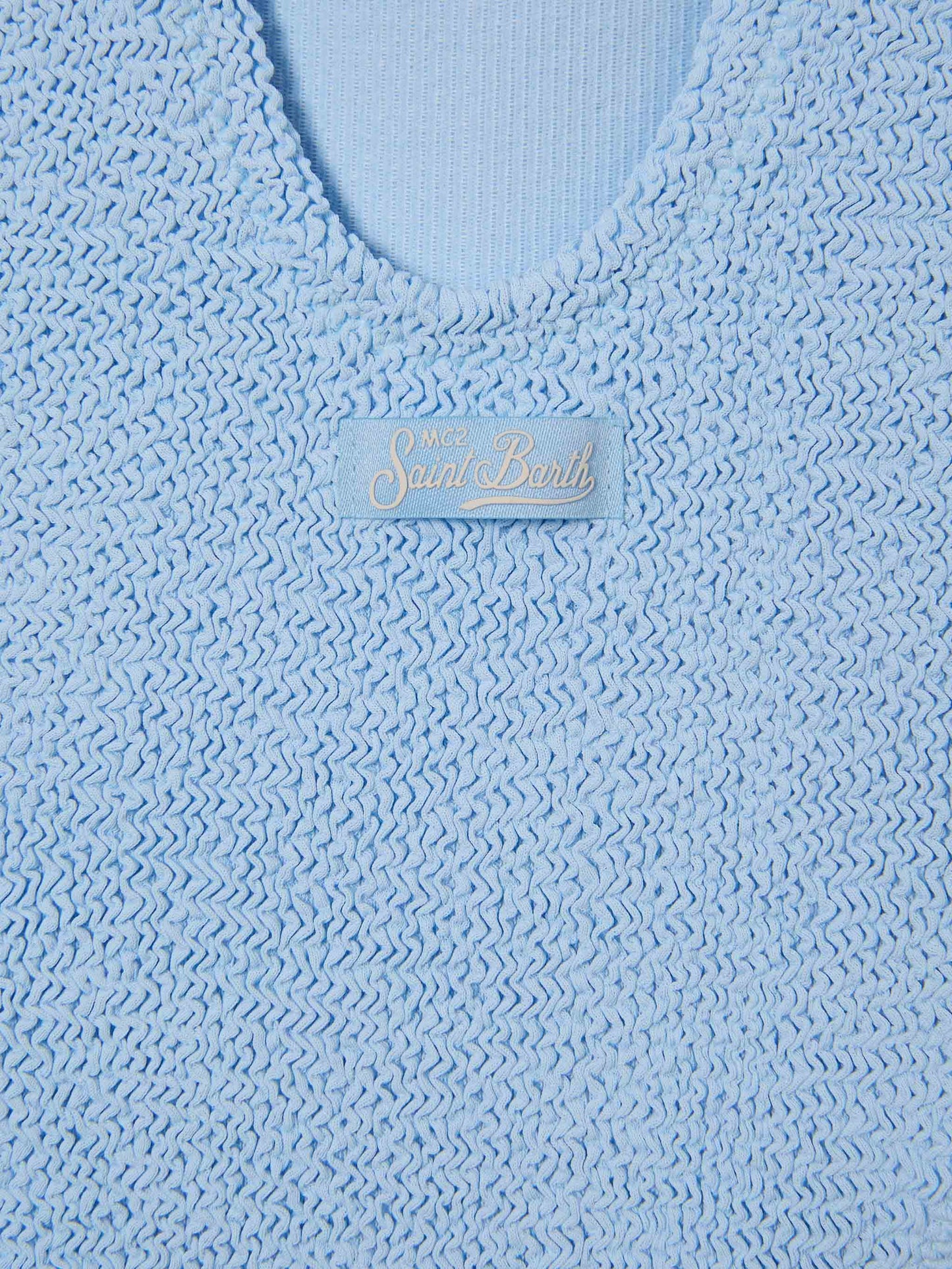 Costume intero Cara in tessuto crinkle tinta unita azzurro