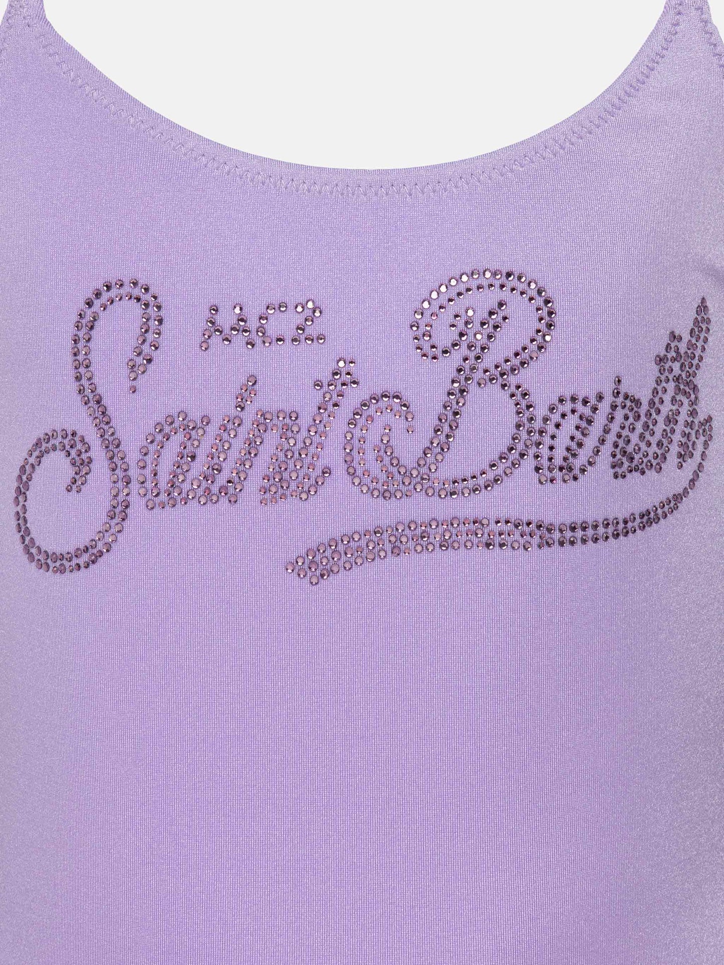 Cecille Jr one-piece shiny swimsuit with rhinestone logo