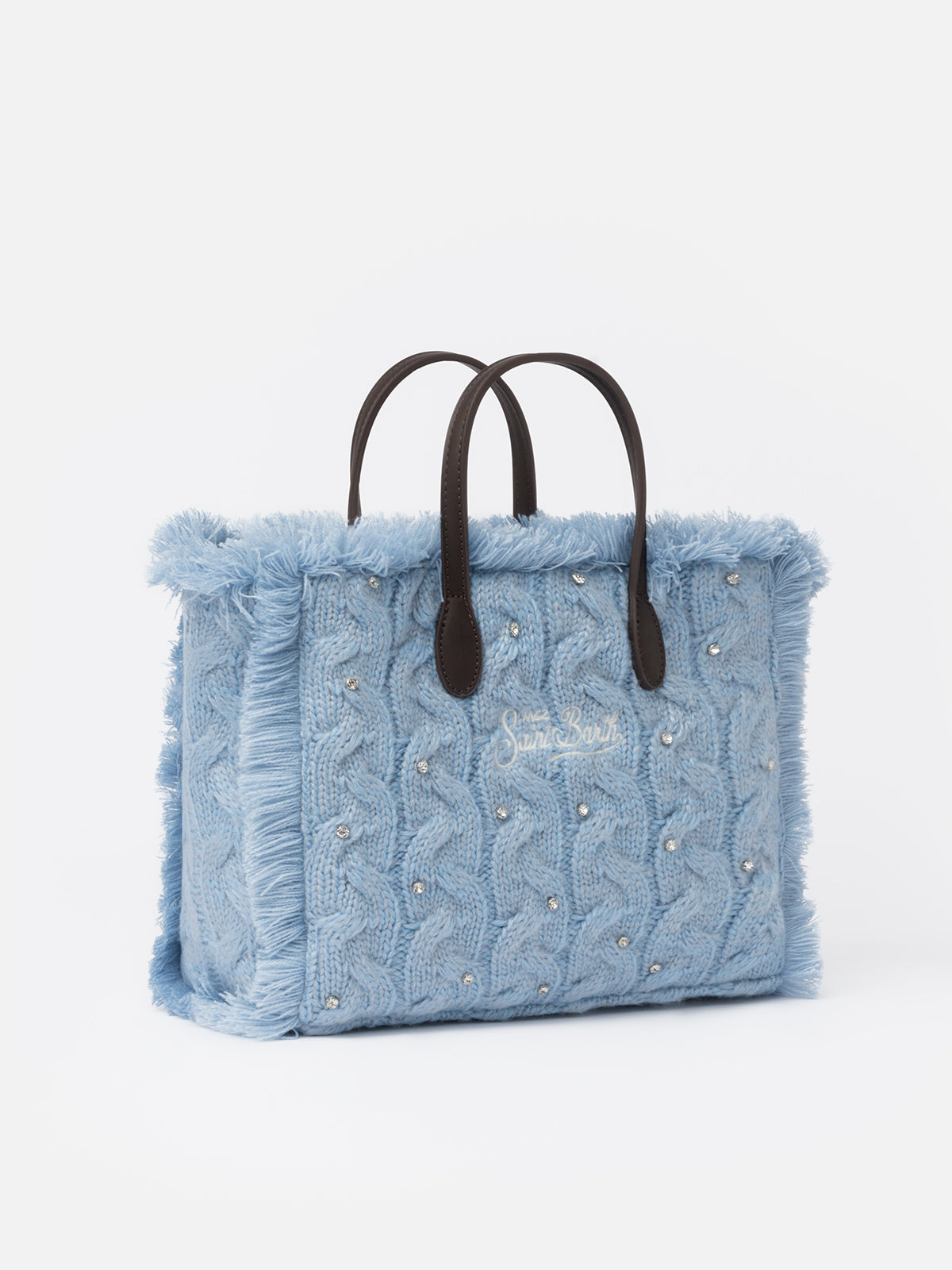 Light blue cable knit Colette handbag with rhinestones embellishment - MC2 Saint Barth