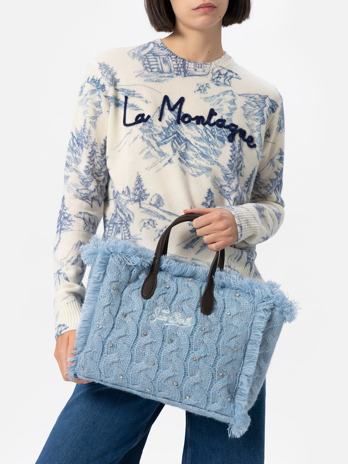 Light blue cable knit Colette handbag with rhinestones embellishment - MC2 Saint Barth