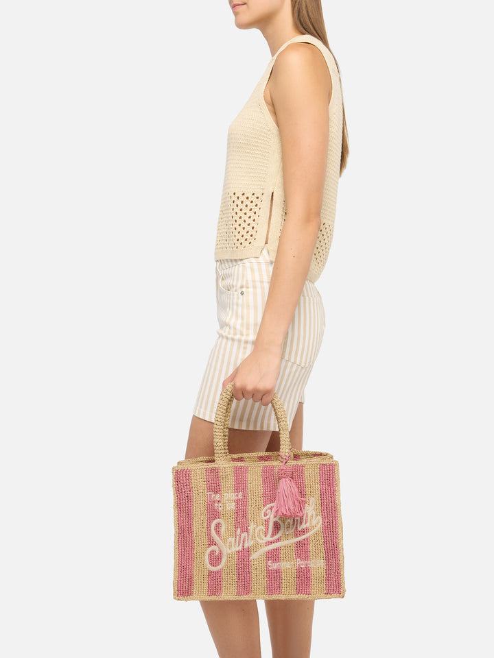 Borsa Colette in rafia a righe rosa con logo ricamato
