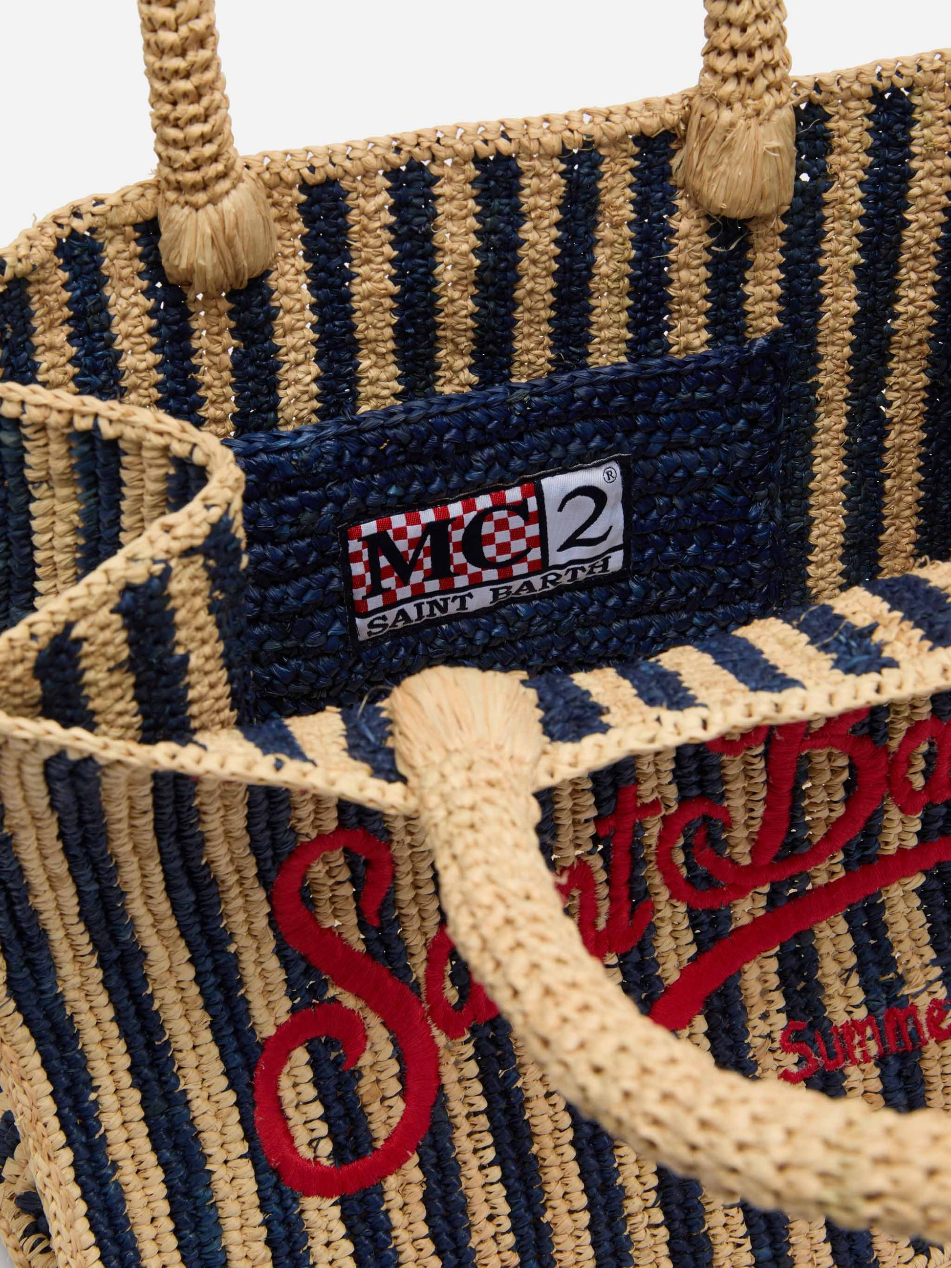 Colette Raffia navy blue striped handbag with logo embroidery - MC2 Saint Barth