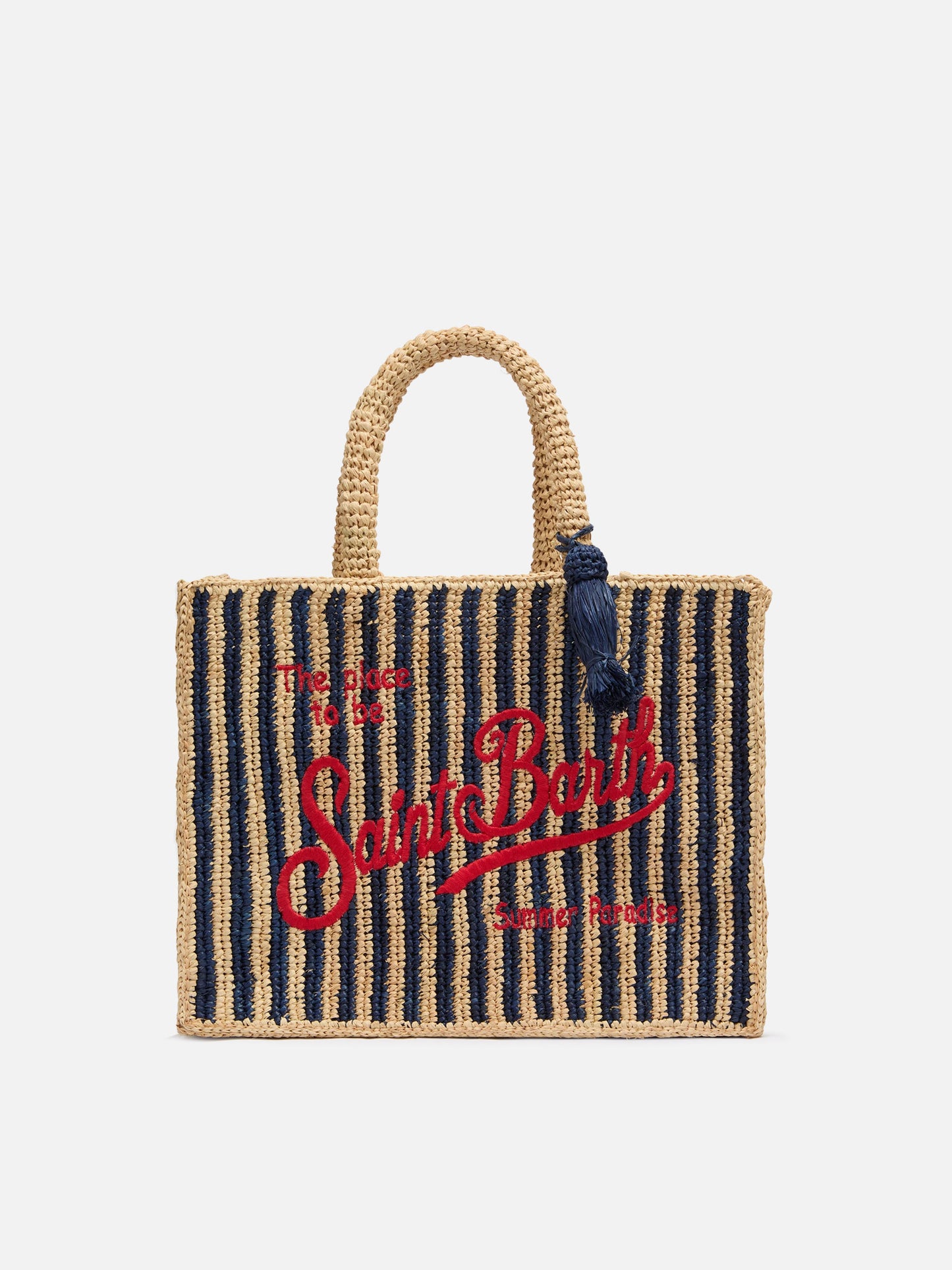 Marineblaue gestreifte Handtasche Colette Raffia mit Logo-Stickerei