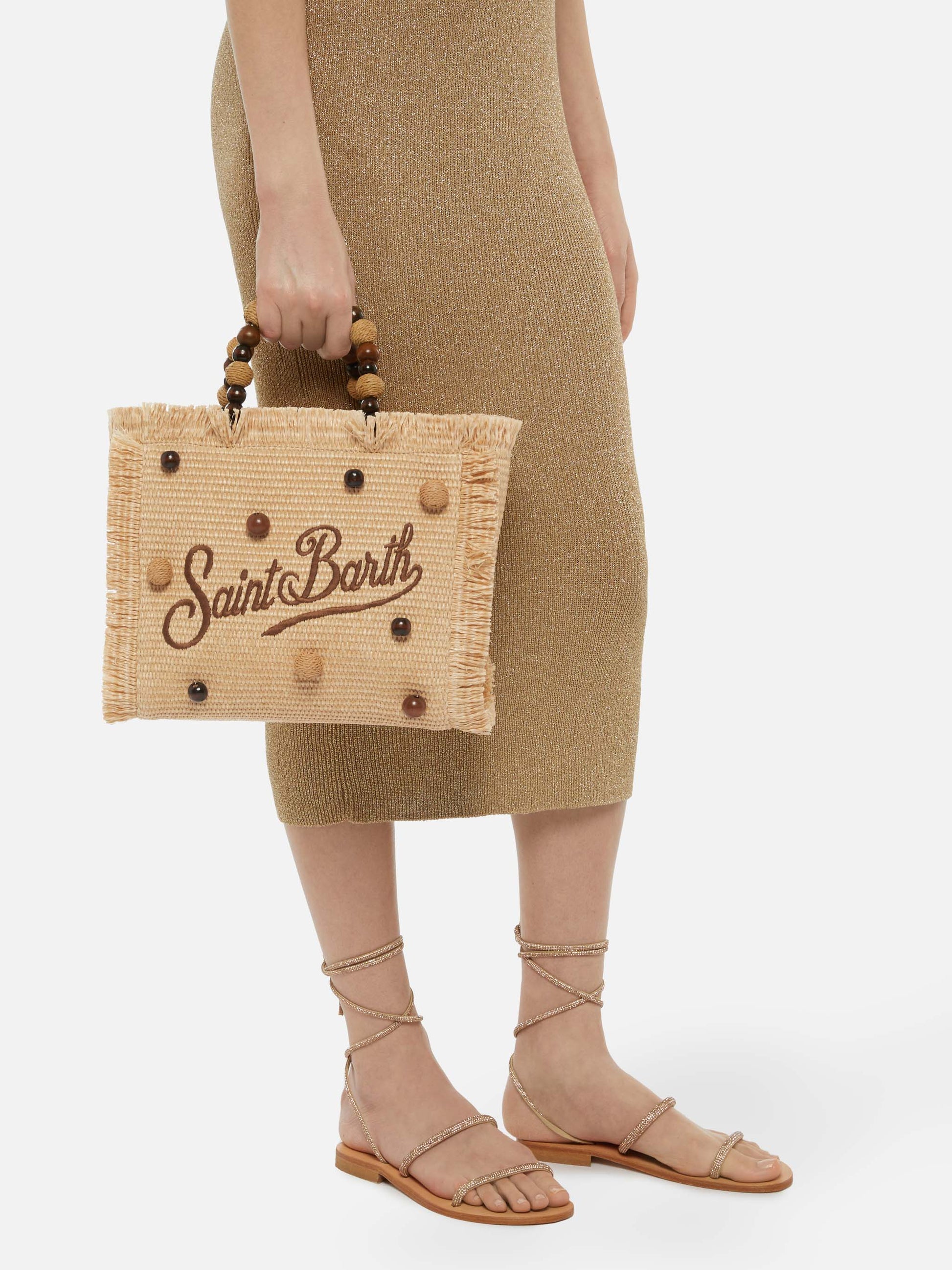 Colette Straw effect handbag with wooden beads and logo embroidery - MC2 Saint Barth