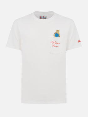 Man white cotton t-shirt Connor with Golden hour embroidery