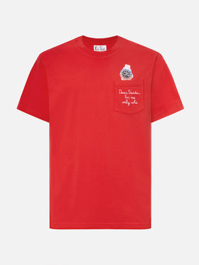 Connor winter cotton T-shirt in red with Dear Santa... pocket embroidery