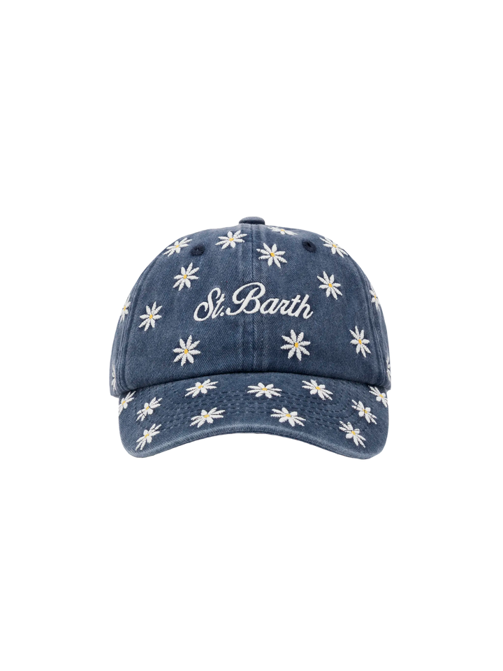 Cappellino Davis Jr in denim blu con ricamo margherite