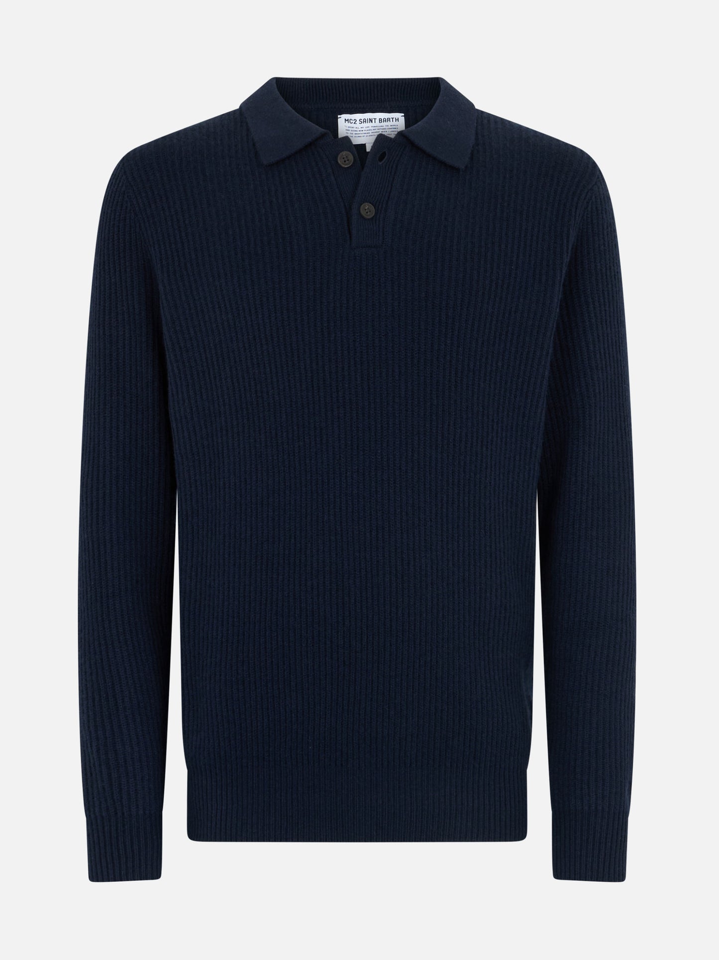 Man navy blue cashmere blend ribbed sweater Downing with buttoned collar - MC2 Saint Barth