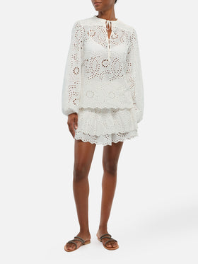 Eivissa gerüschter Minirock aus weißer Sangallo-Spitze