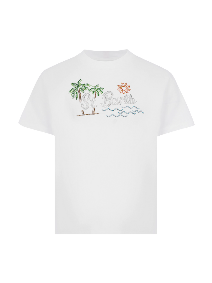 Elly cotton jersey crewneck t-shirt with Saint Barth sunset rhinestone desgin - MC2 Saint Barth