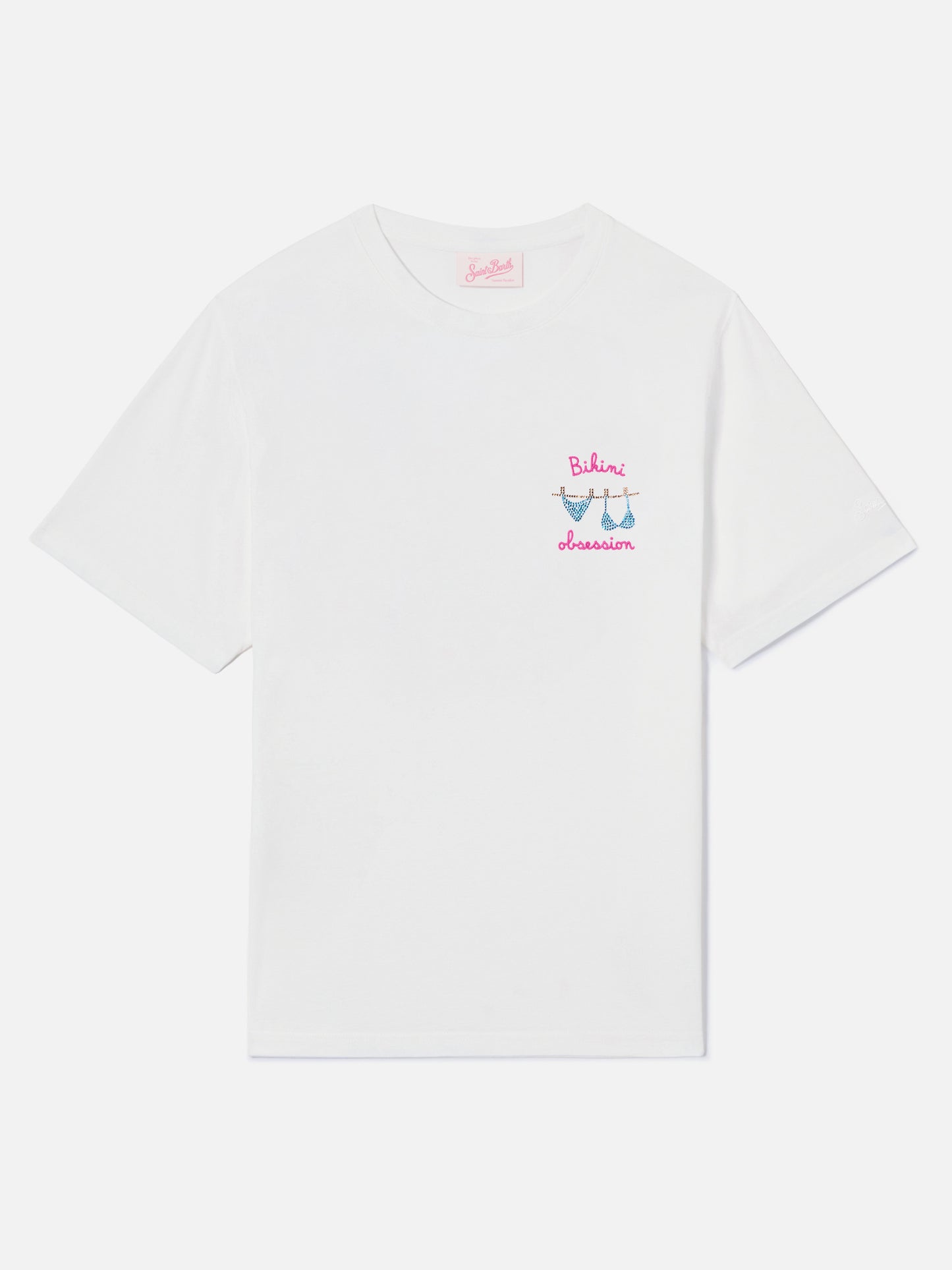 Weißes Emilie T-Shirt mit Bikini Obsession-Stickerei und Strasssteinen