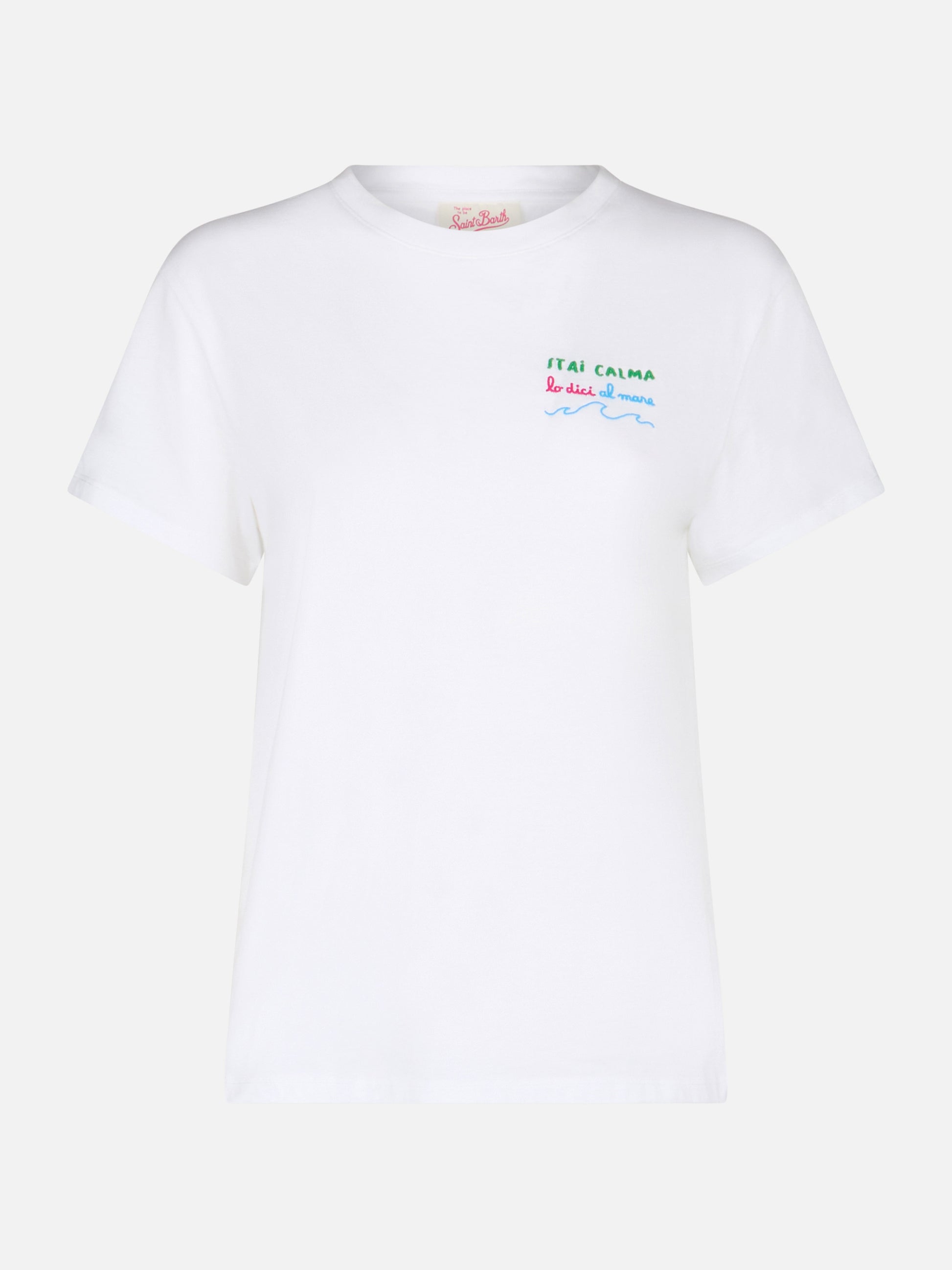 Woman cotton jersey crewneck t-shirt Emilie with Stai calma lo dici al mare embroidery - MC2 Saint Barth