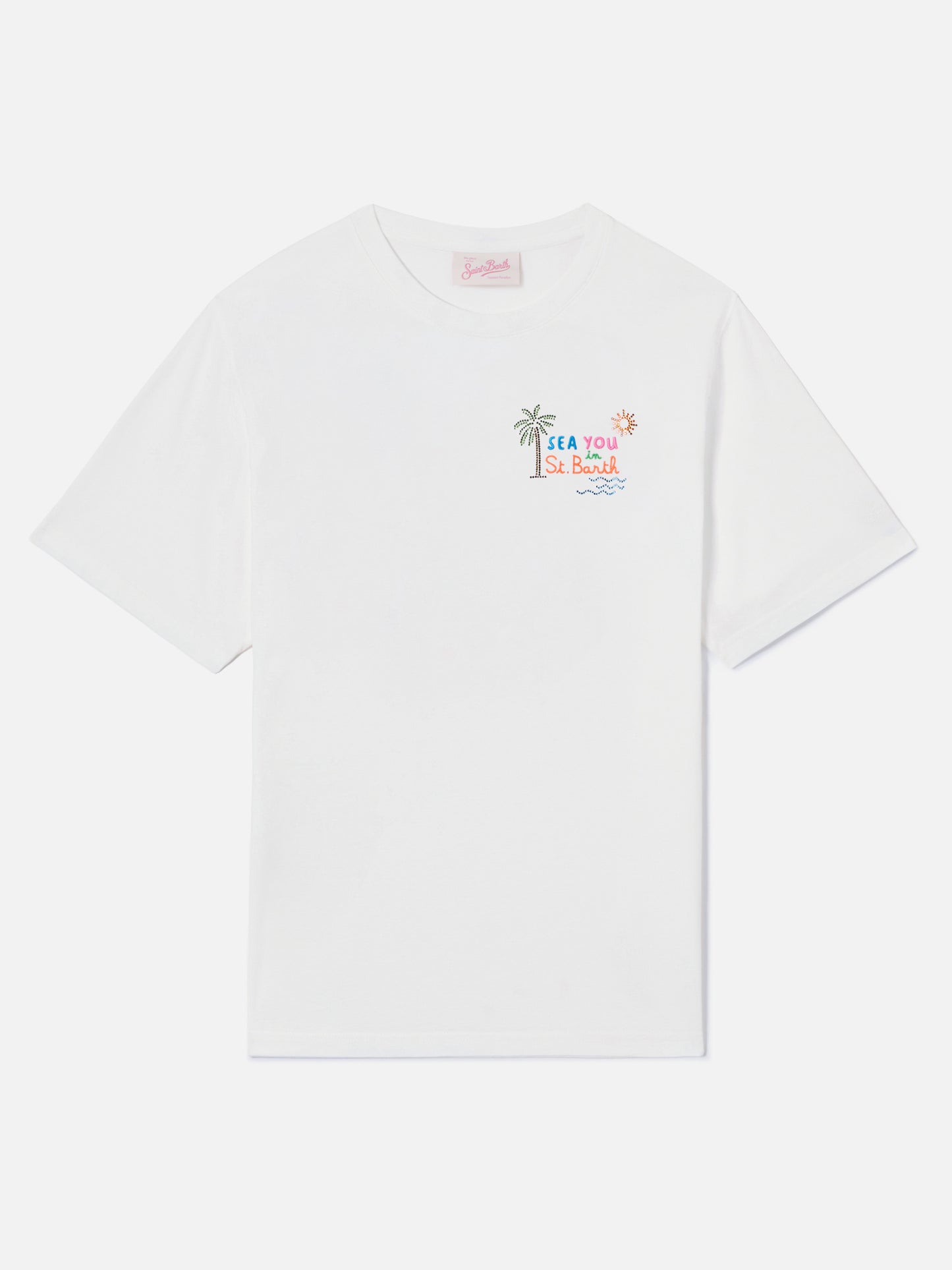 White Emilie T-shirt with Sea You in St. Barth embroidery and rhinestones