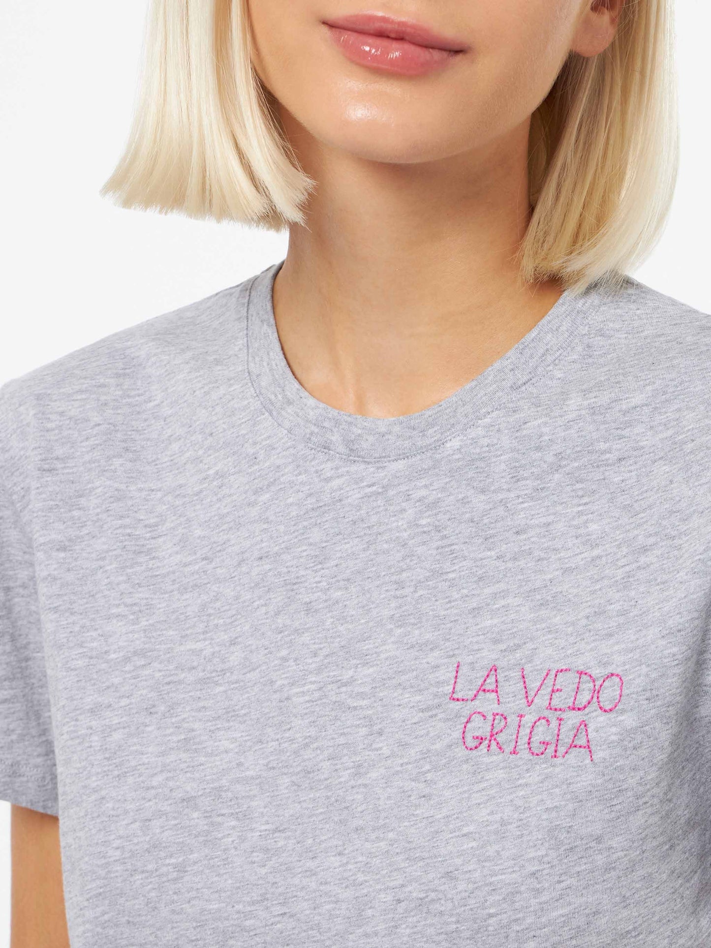 T-shirt da donna girocollo Emilie in jersey di cotone con ricamo La Vedo Grigia